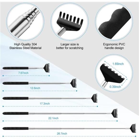 3-Pack Telescopic Back Scratchers  Bear Claw, Rake, and Paw Stainless Steel - Picture 3 of 7